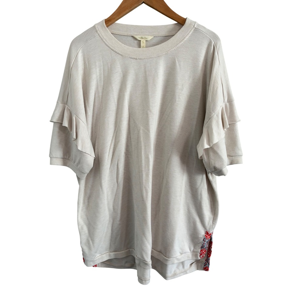 Matilda Jane Ruffle Sleeve Top Womens XL Cream Heathered Knit Floral Trim